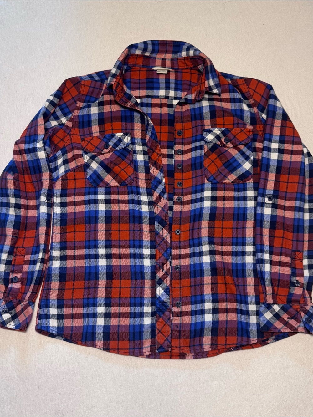 Duluth Trading Co Red, Blue & White Plaid Women’s Flannel Shirt Utility Gorpcore